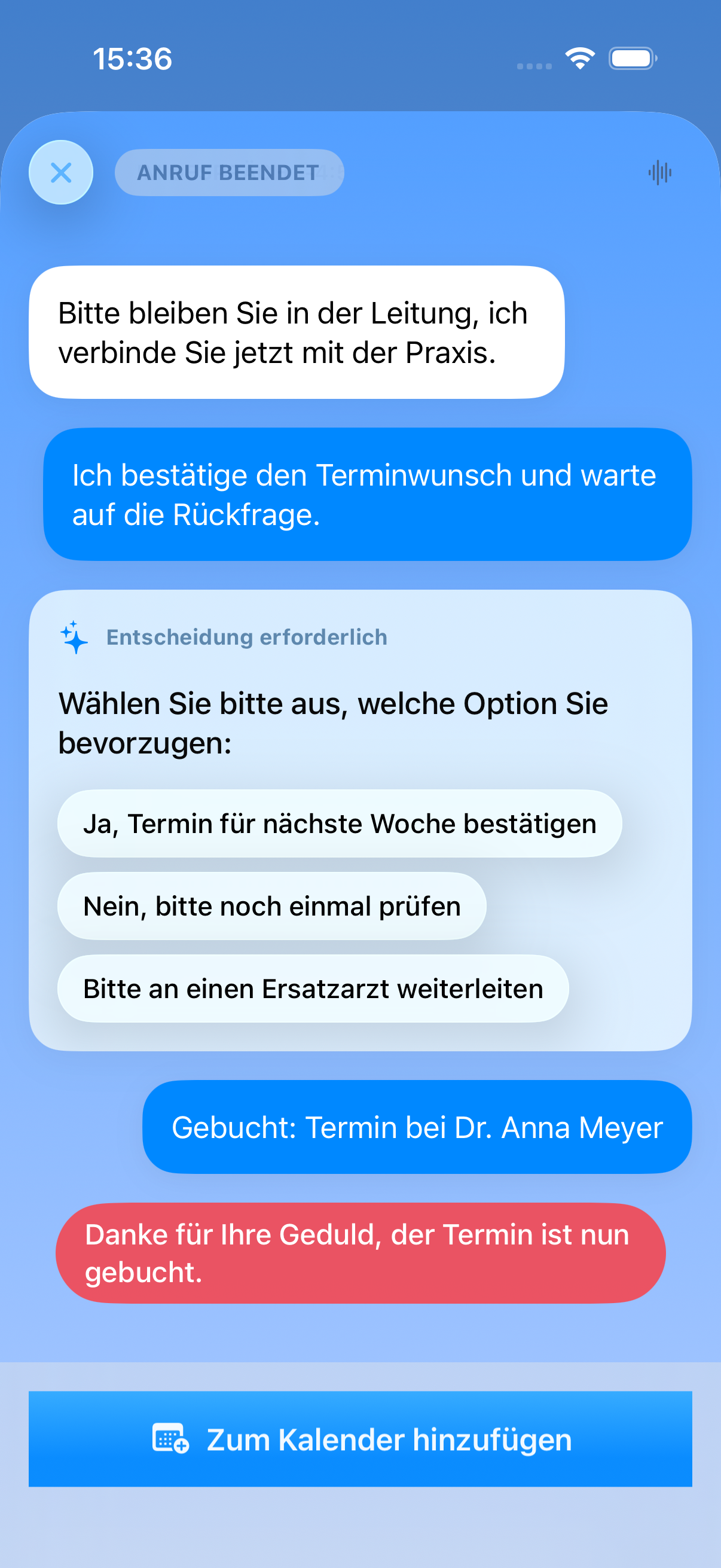 Anrufangst — KI legt drei Terminoptionen vor, Mensch entscheidet