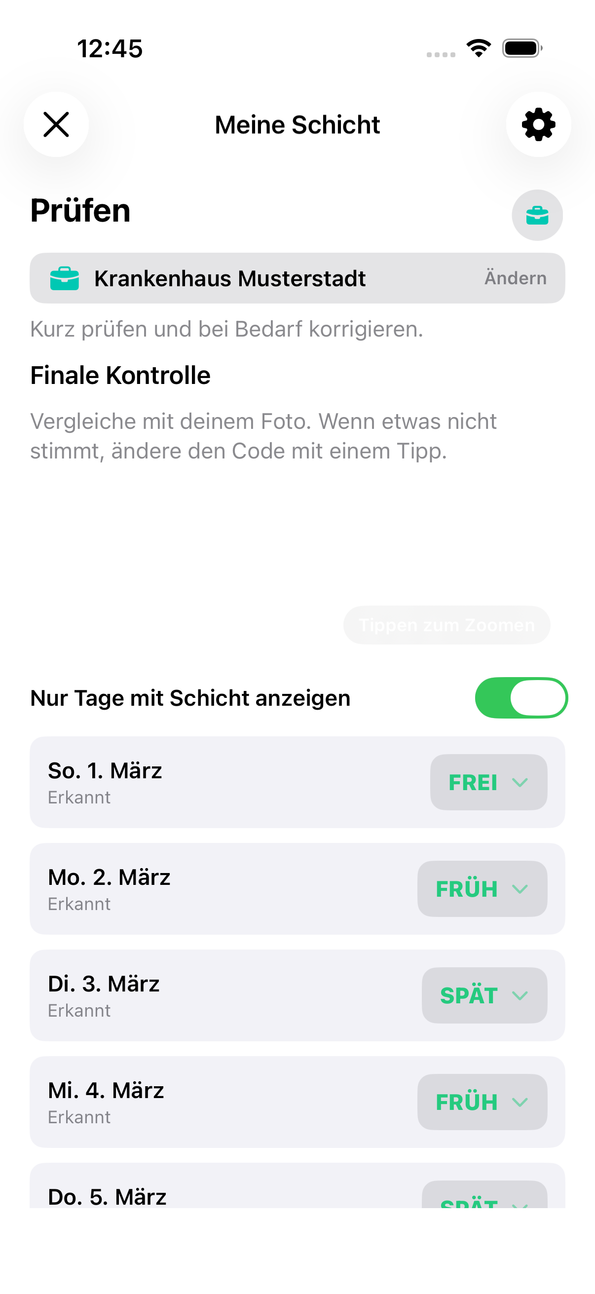 Erkannte Schichten zur Kontrolle in der App